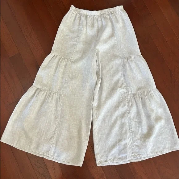 Ethos Los Angeles Linen Tiered Super Wide Leg Pants for Women in Oatmeal size M - Picture 2 of 8